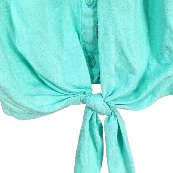 2/$15 Beautees Girls Button Front Top Green Med Tie Hem Long Sleeve Round Neck - Picture 3 of 7